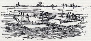 sketch of a ferry boat and horses